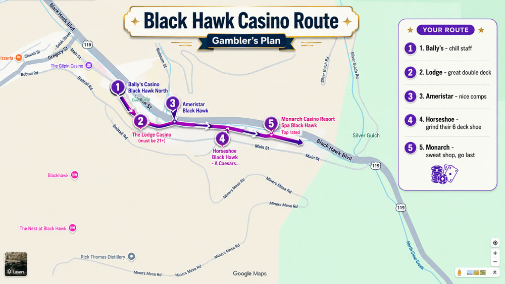 A custom Black Hawk casino route — stops ranked with real notes on staff and games