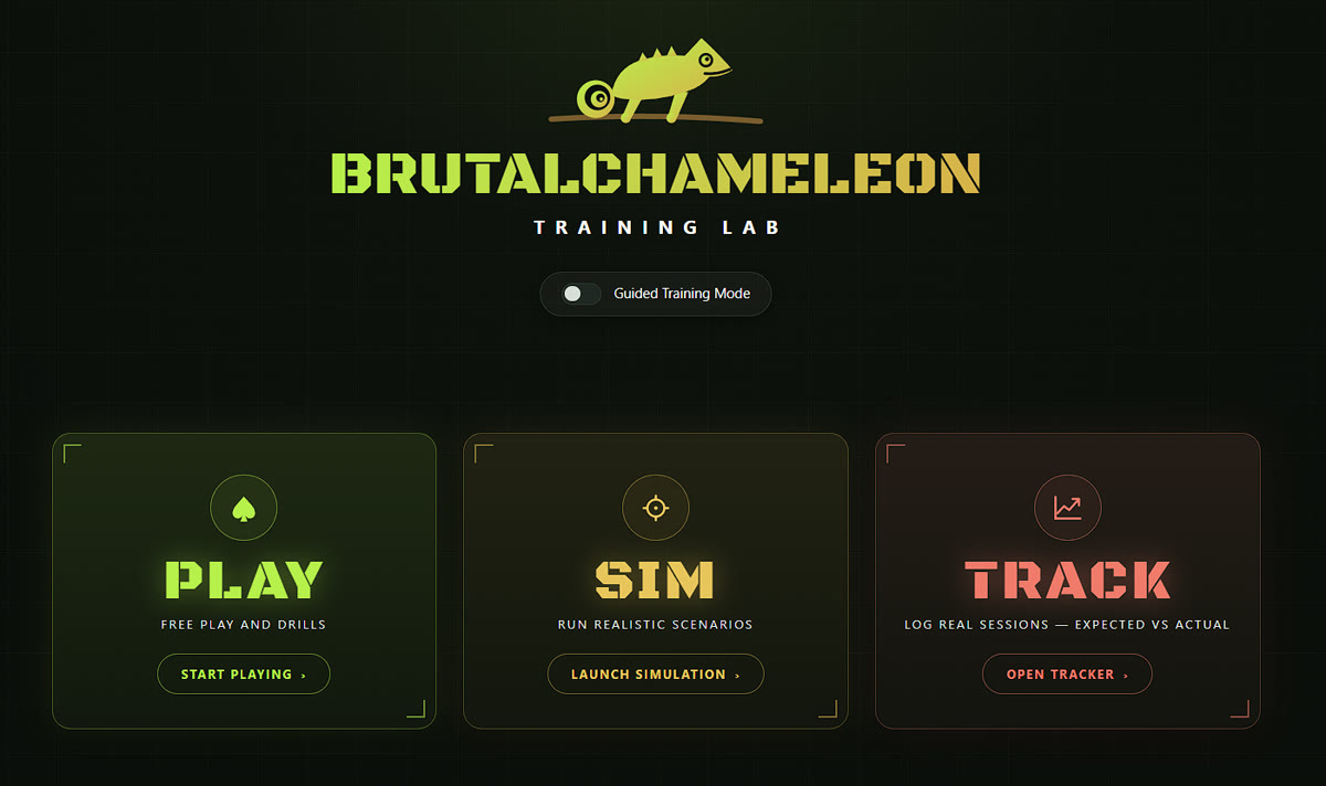 BrutalChameleon Training Lab app home screen — Play, Sim, Track